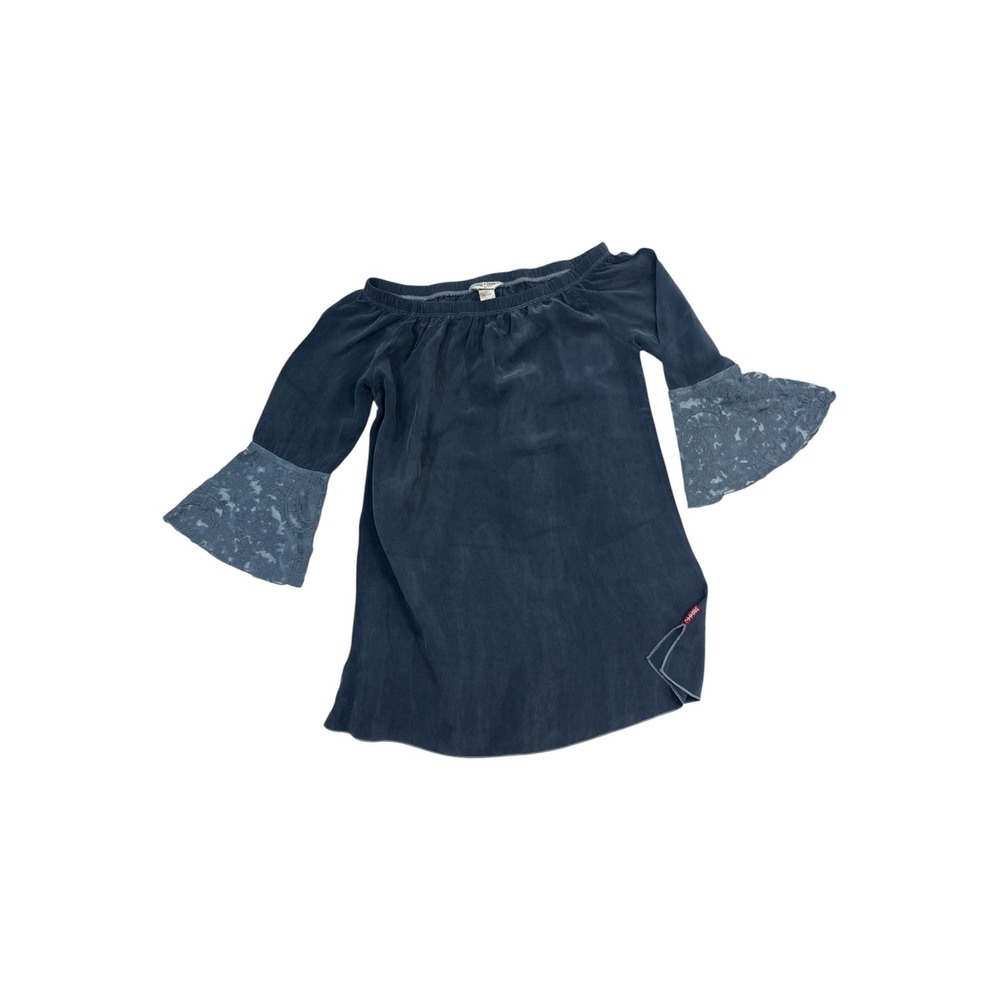 NWOT Hard Tail Forever Off-Shoulder Blouse‎ | Navy Cupro , Lace Bell Sleeves